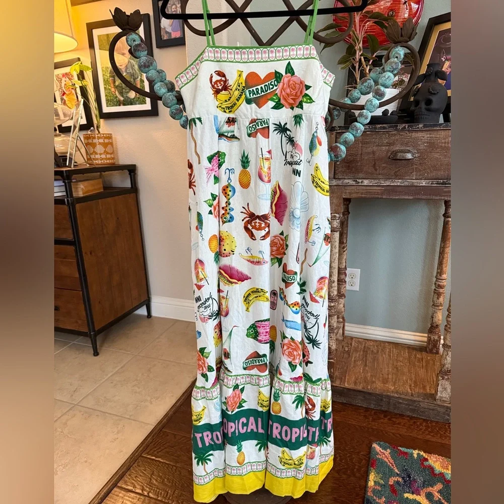 Rachel Zoe Paradisio Linen Tropical Graffiti Maxi Dress Small - Picture 4 of 17